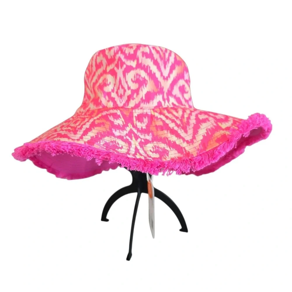 NWT Sprigs Ikat Wide Brim Fringe Reversible Sun Hat UPF 50 pink orange